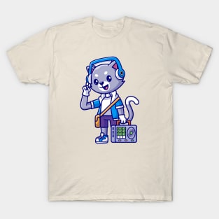 Cute Cat DJ Playing Music Cartoon T-Shirt